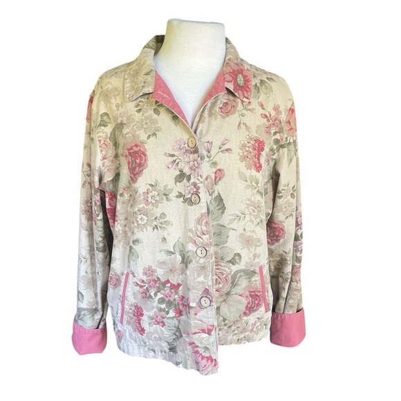 Coldwater Creek Floral Shacket Jacket Large Pink Trim Cotton Cottagecore - Picture 3 of 8